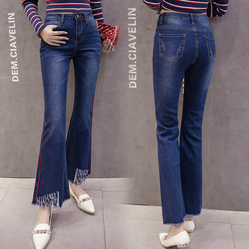 蔚缇2017时尚织带流苏裤脚喇叭裤女秋款显瘦