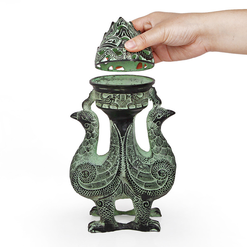 仿古青铜器工艺品熏香炉摆件 家居装饰工艺品双凤樽