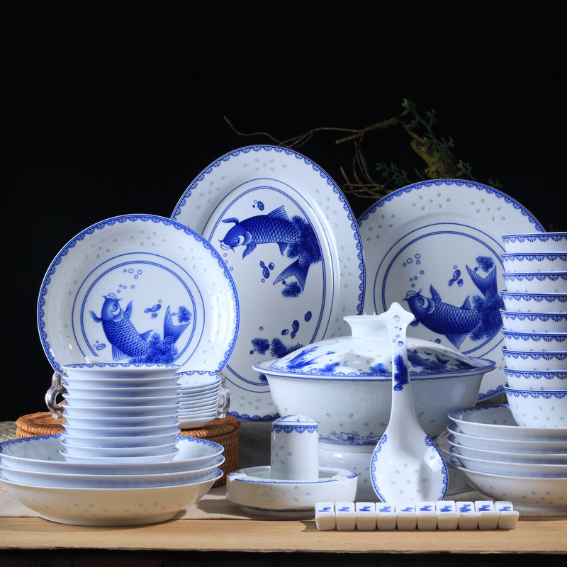 lichen 景德镇青花玲珑陶瓷餐具 釉中彩年年有鱼碗盘勺碟汤碗锦盒套装