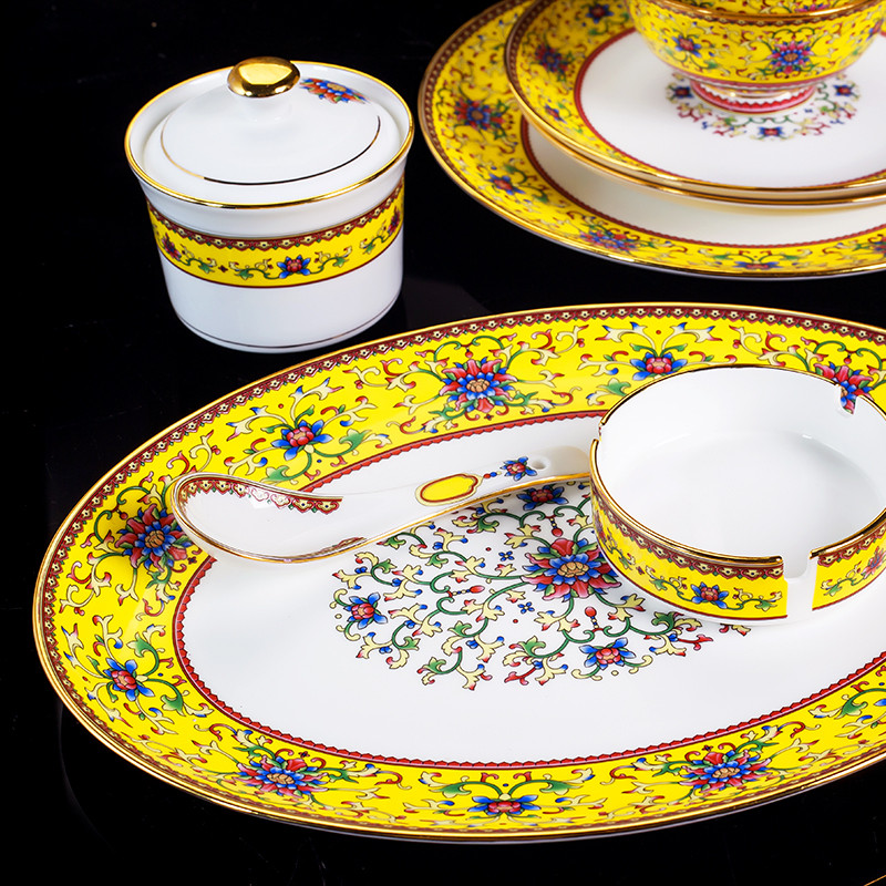 lichen 景德镇陶瓷餐具套装 珐琅彩餐具60头礼盒包装 手工描金碗盘勺