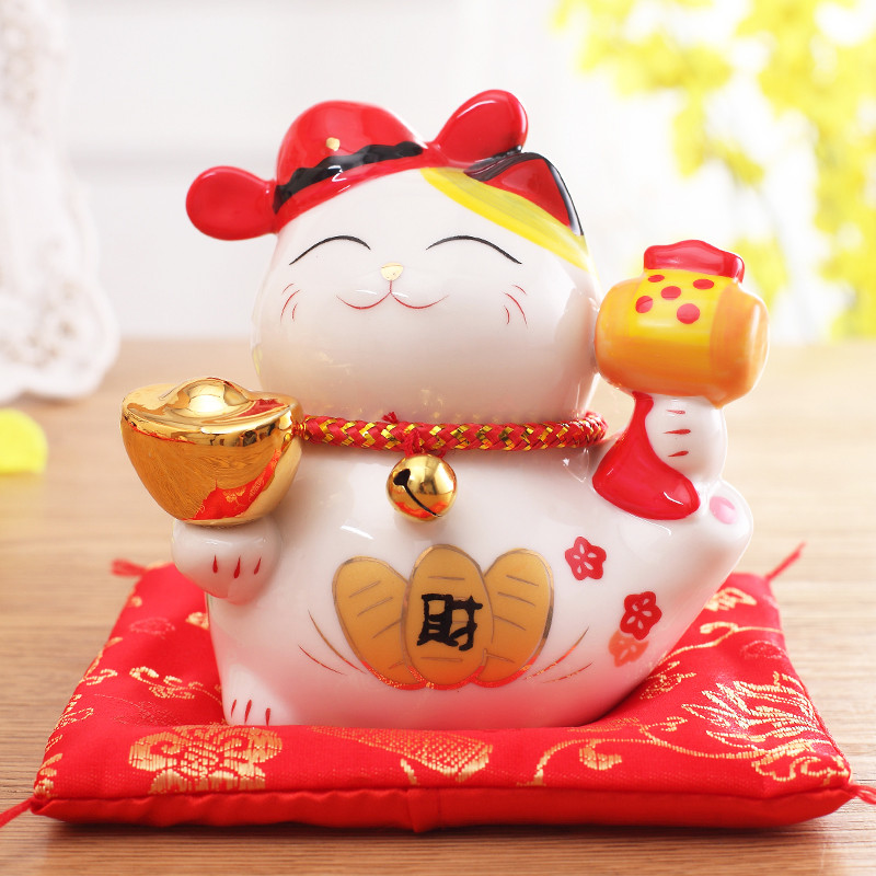 小号4寸七福猫(寿)招财猫 陶瓷存钱罐储蓄罐盒装摆件 办公室桌面家居