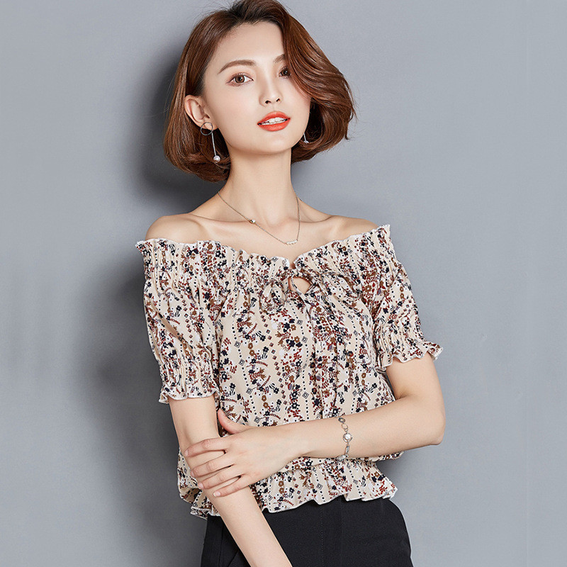 印花雪纺衫女短袖2018夏季新款韩版收腰显瘦一字领短款上衣小衫潮