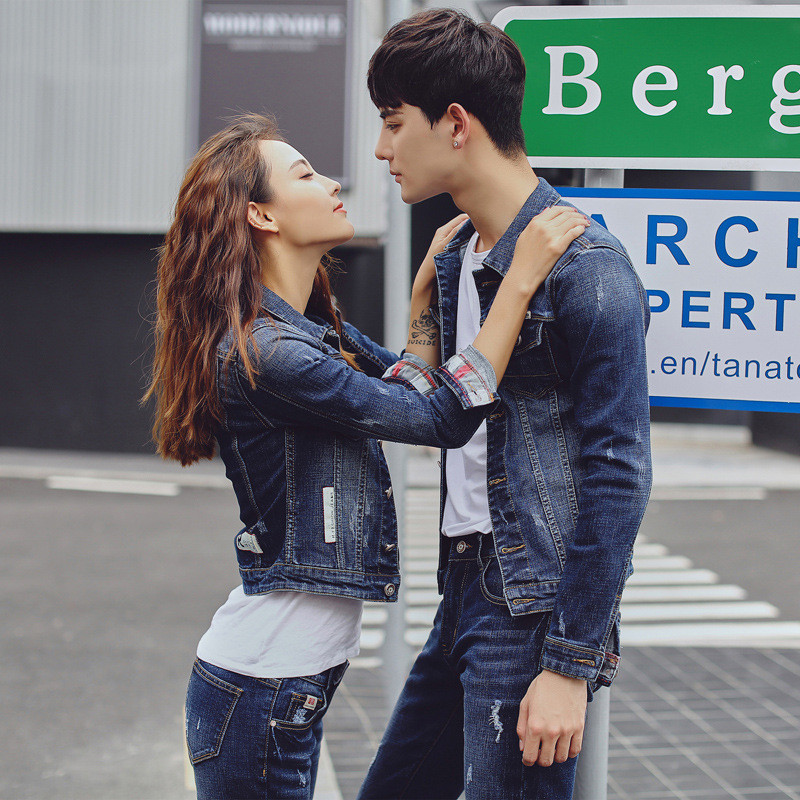 莞馨(wanxin)新款新潮情侣牛仔弹力套装时尚春秋韩版水洗男女外套修身