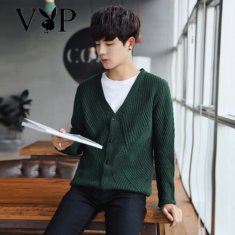 花花公子贵宾男士韩版修身经典搭领开衫毛衣男