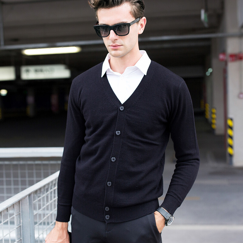 花花公子贵宾秋装薄款羊毛衫男开衫V领休闲纯