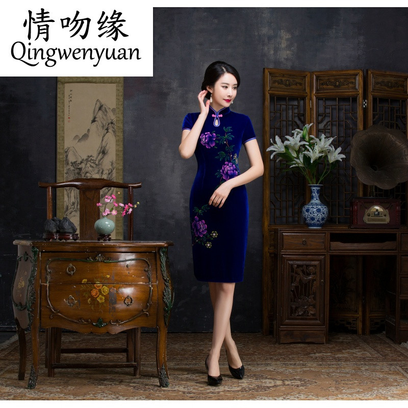 情吻缘2017热款春装钉珠手绘短款旗袍短袖日
