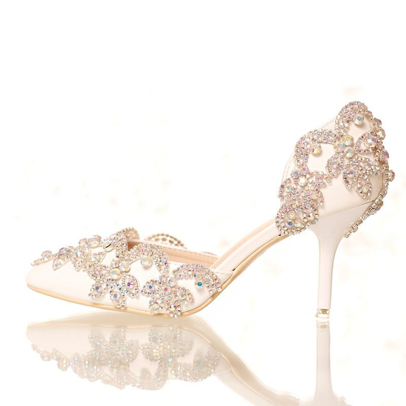 白色水晶鞋水钻新娘鞋超高跟细跟拍婚纱照侧空