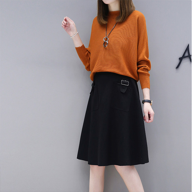 愫惠君(suhuijun)欧洲站2017秋冬款时尚套装裙蝙蝠袖针织上衣 a字毛呢