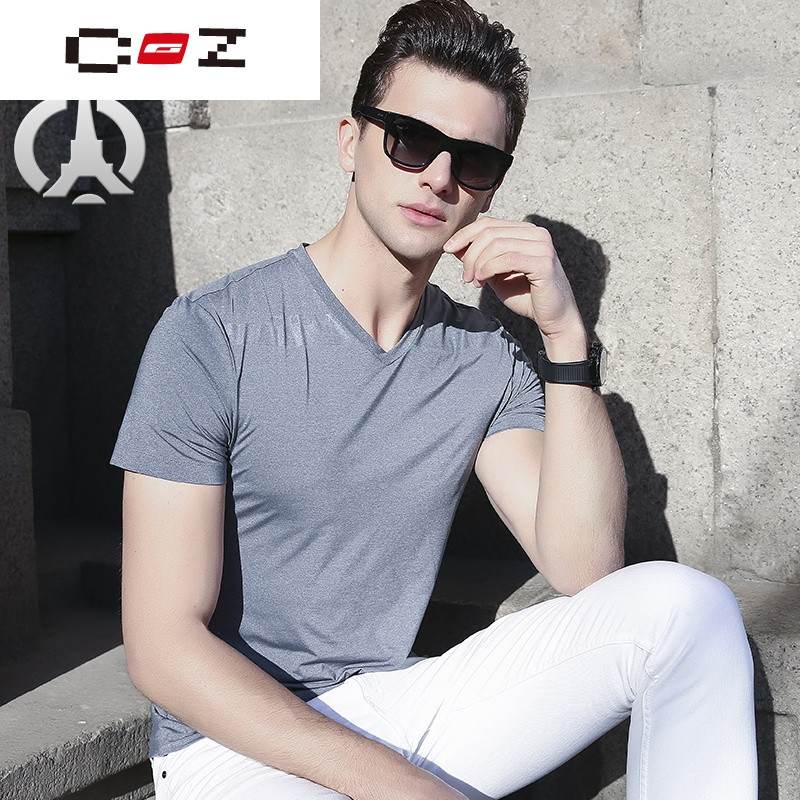 流品牌夏季冰丝短袖t恤男弹力英伦修身半袖体