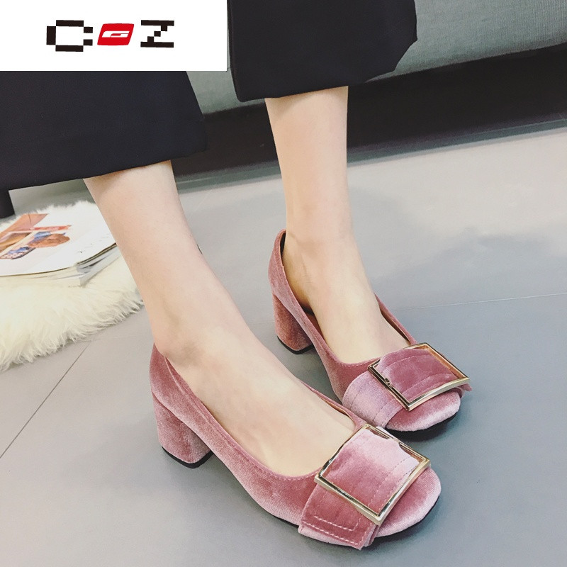 CZ潮流品牌韩版粗跟方头女鞋新款2017春季女