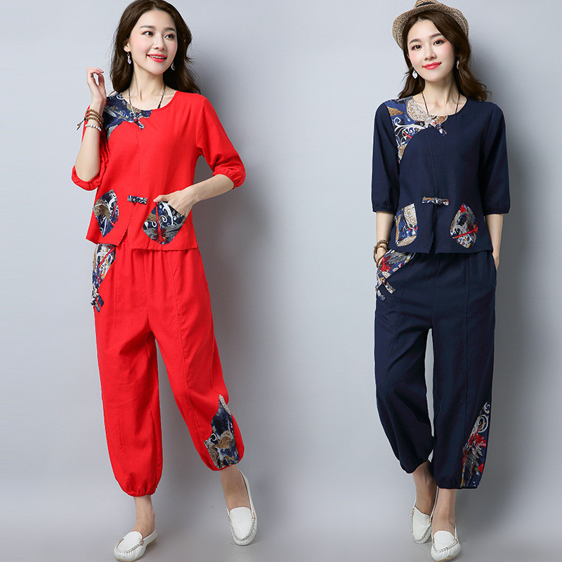 2018新款夏季女装时尚套装女复古民族风棉麻上衣九分灯笼裤两件套图片