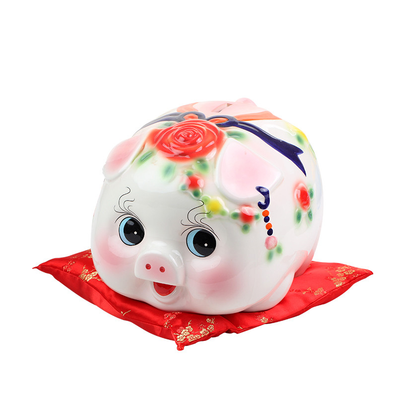 可爱猪存钱罐儿童陶瓷储蓄罐创意大号卡通钱罐生日礼物-439小蓝存500