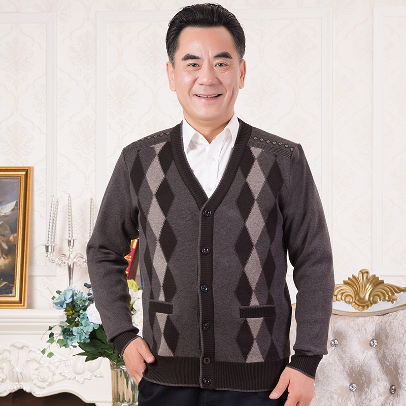 爸爸开衫秋季外套老年人60-70毛衣男加绒加厚