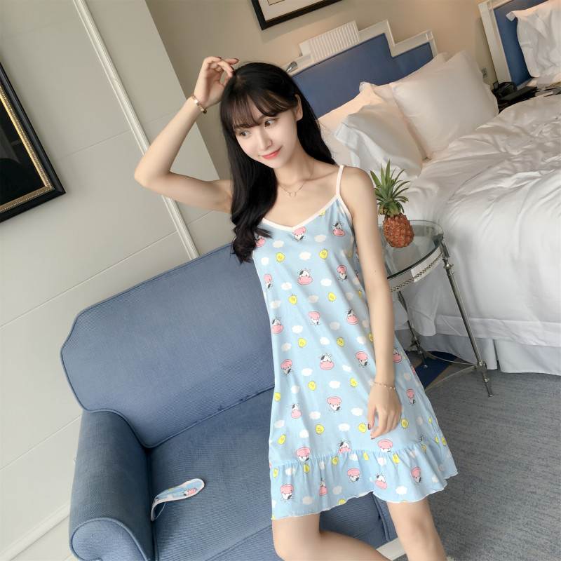 丹果儿韩版学生睡衣女夏季短袖甜美可爱吊带睡裙中裙宽松女士棉清新