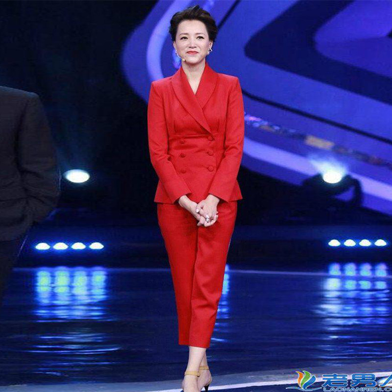 mtiny春装朗读者董卿同款红色西装九分裤时尚职业套装