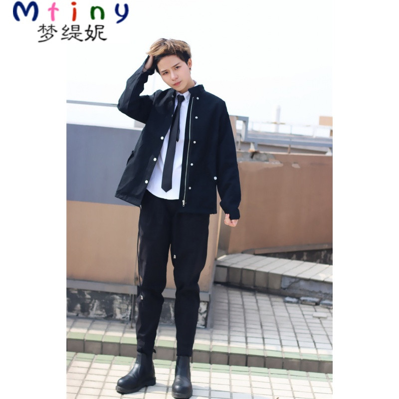 mtinyles黑色小领带男女情侣款懒人拉链款男白衬衫帅t