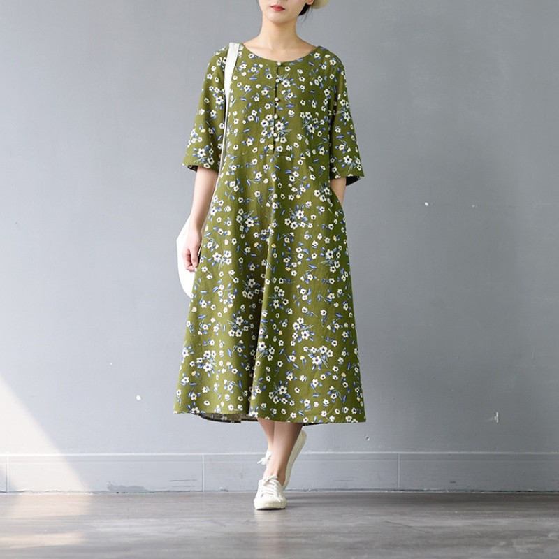 娉语夏季新款棉麻黄色小碎花裙中长款袍子连衣裙文艺女装圆领长裙子