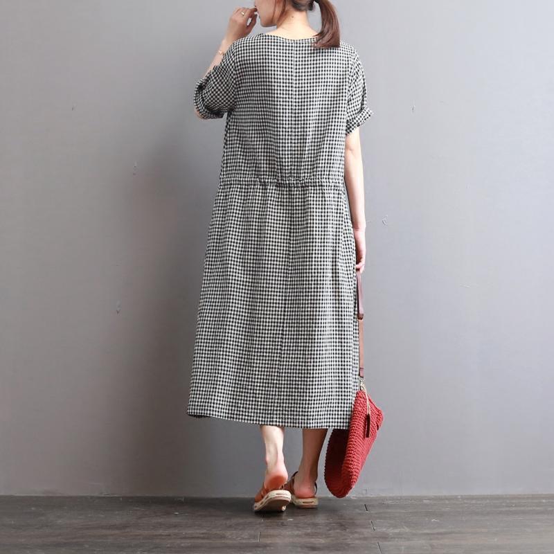 素品2018夏季亚麻收腰连衣裙长款女套头宽松格子裙气质休闲裙子