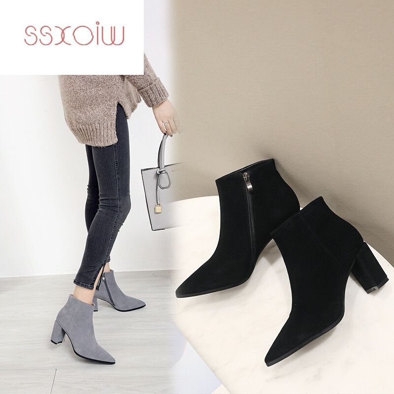 SSXOIW2017新款韩版短靴女牛皮高跟裸靴尖