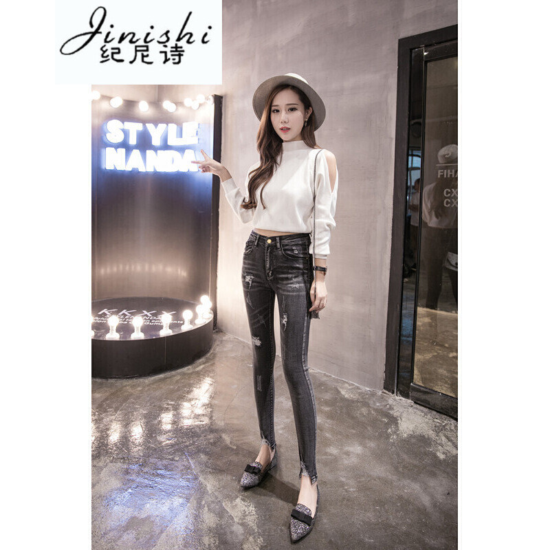 纪尼诗女装2017新款日韩版磨破做旧收臀修腰