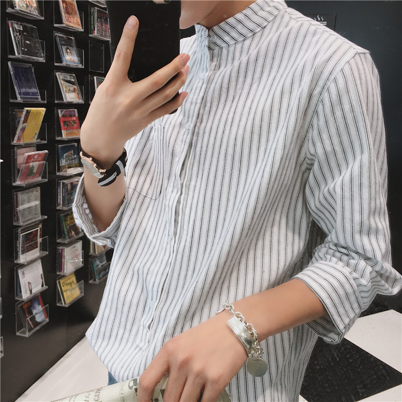 bw9新款七分衬衫男韩版夏季宽松条纹衬衣潮流百搭日系港风纯色白衬衫