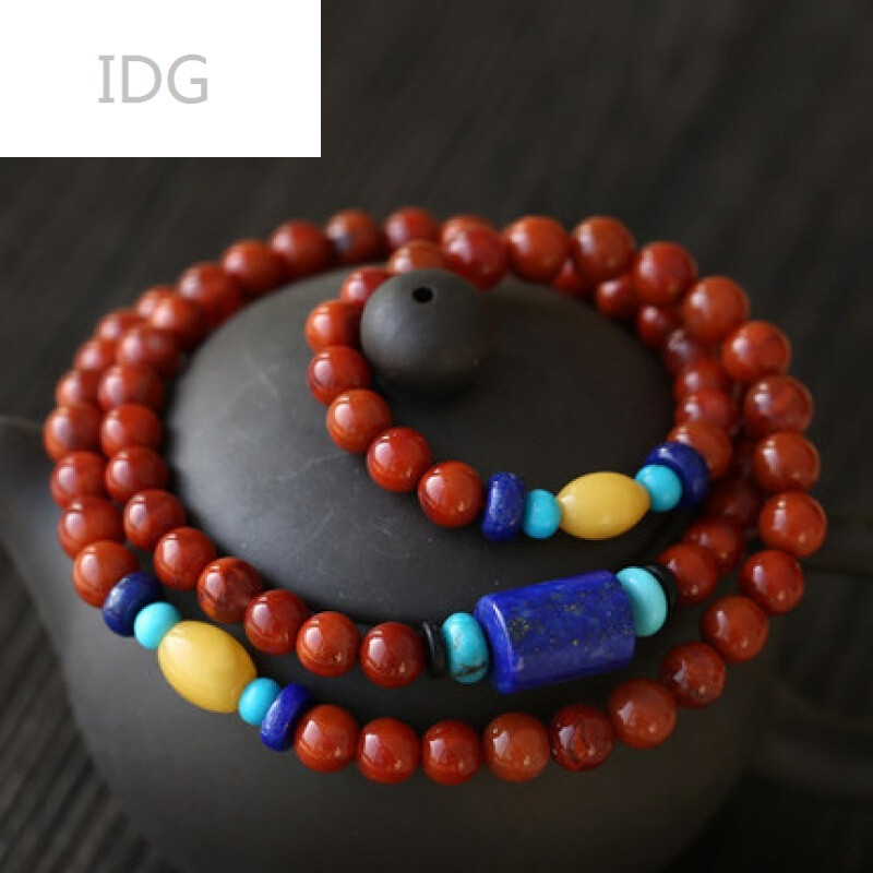 idg南红玛瑙手链柿子红108佛珠手串配蜜蜡青金石