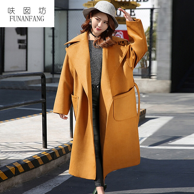 呋囡坊毛呢外套女超长款加棉加厚2017秋冬季韩版大码茧型过膝呢子大衣