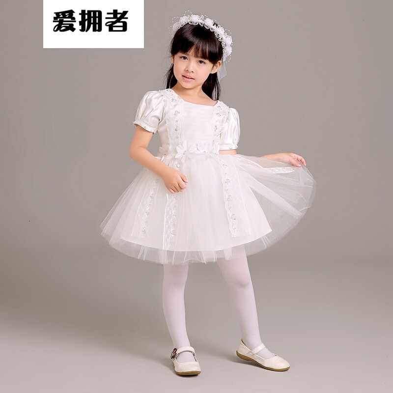 新款童装女童公主裙秋儿童连衣裙花童礼服蓬蓬裙儿童礼服婚纱裙秋白色