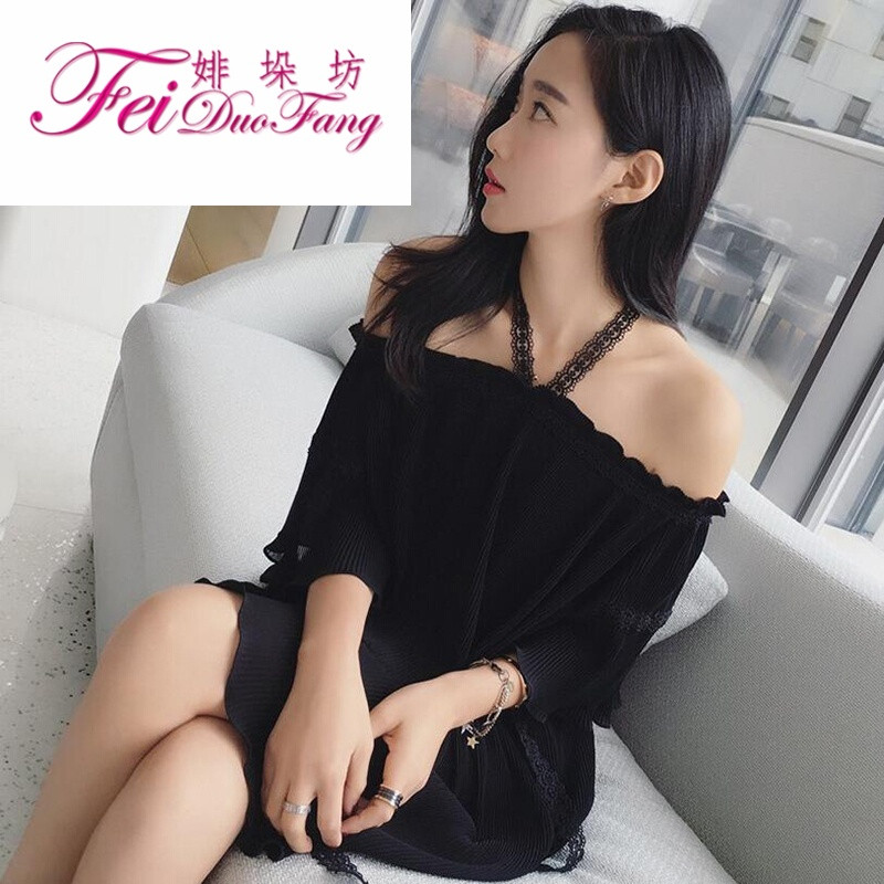 婔垛坊 斯妍新款2017夏季新款女装黑色挂脖一字领露肩抹胸裙性感雪纺