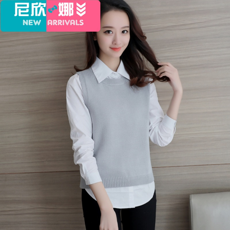 新品2017春秋东大门学院风圆领毛衣马甲女短