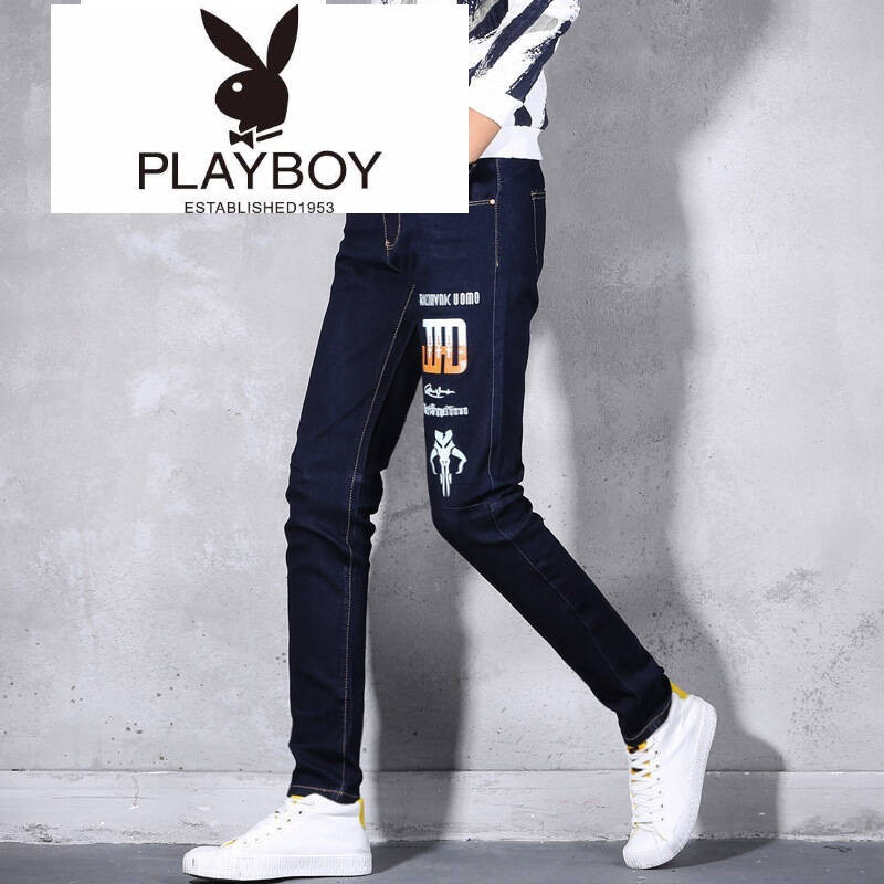 花花公子2017新秋款男装牛仔裤字母印花潮男