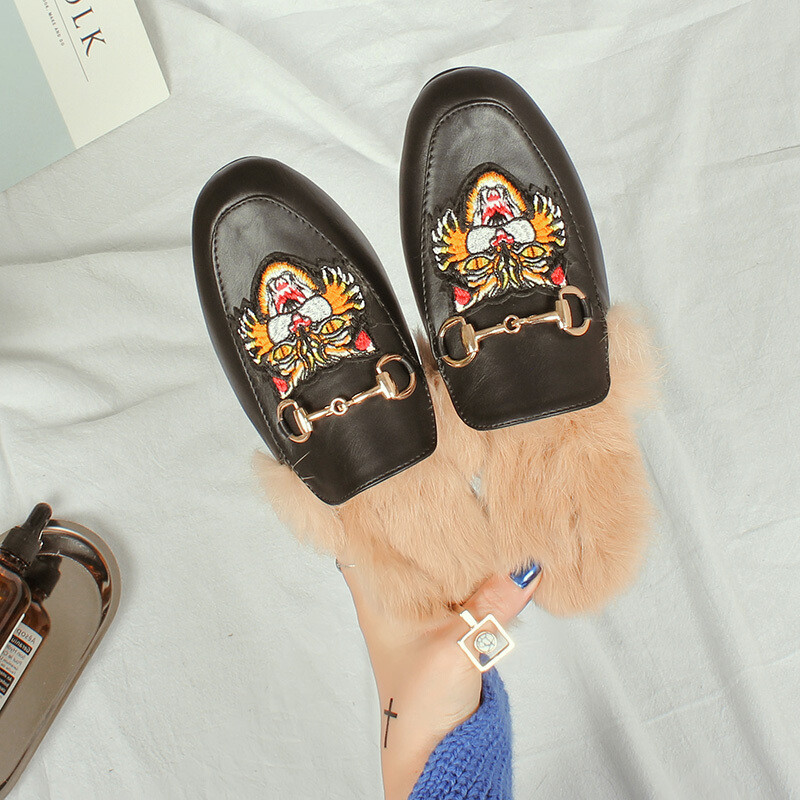 2017新款豆豆鞋女加绒兔毛包头半拖鞋女平底