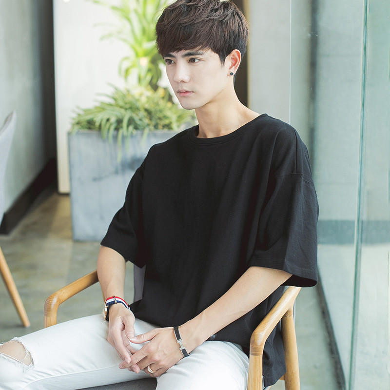 男士短袖T恤韩版夏季宽松圆领日系中袖纯色体
