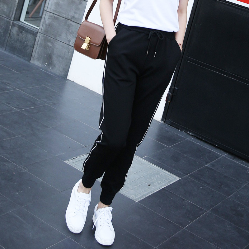 韩版运动裤女春秋宽松休闲哈伦裤显瘦长裤学生束脚卫裤黑色小脚裤mrs