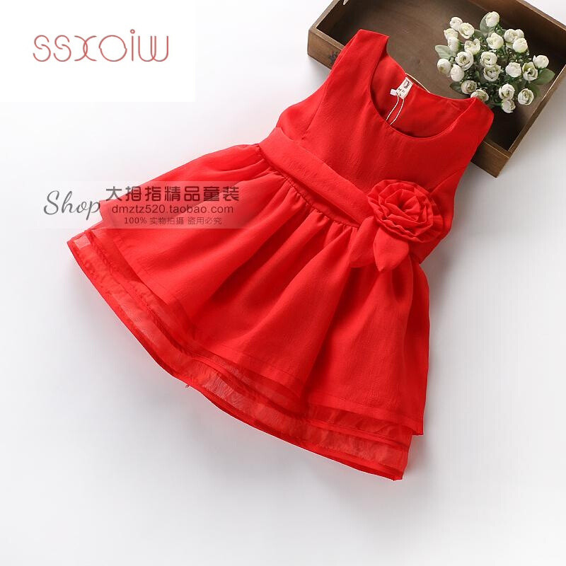 SSXOIW童装女童裙子夏装红色连衣裙韩版无袖