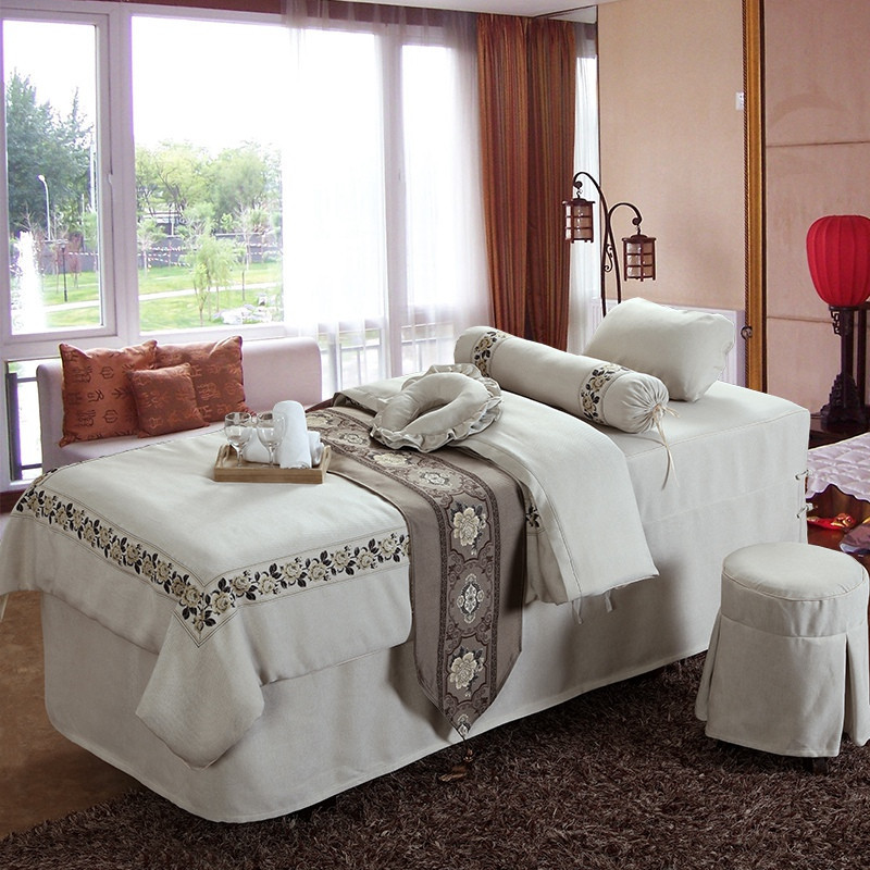 纯色美容床罩美容院专用四件套丝绒棉麻白色床