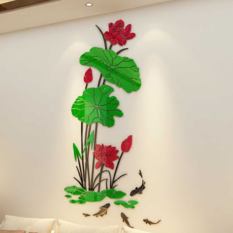 荷花亚克力3d立体墙贴画中国风客厅沙发背景墙贴贴纸玄关墙壁装饰