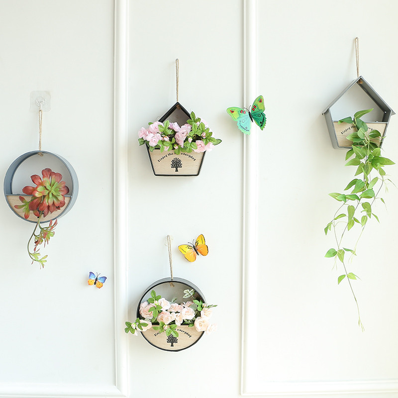 创意田园墙装饰品壁挂墙壁简约圆形房子花卉仿真植物花盆壁饰花篮