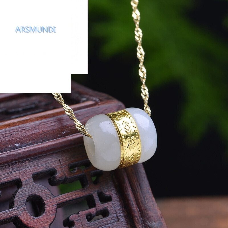 arsmundiid和田玉路路通桶珠吊坠 金镶玉转运珠挂件 吊坠女