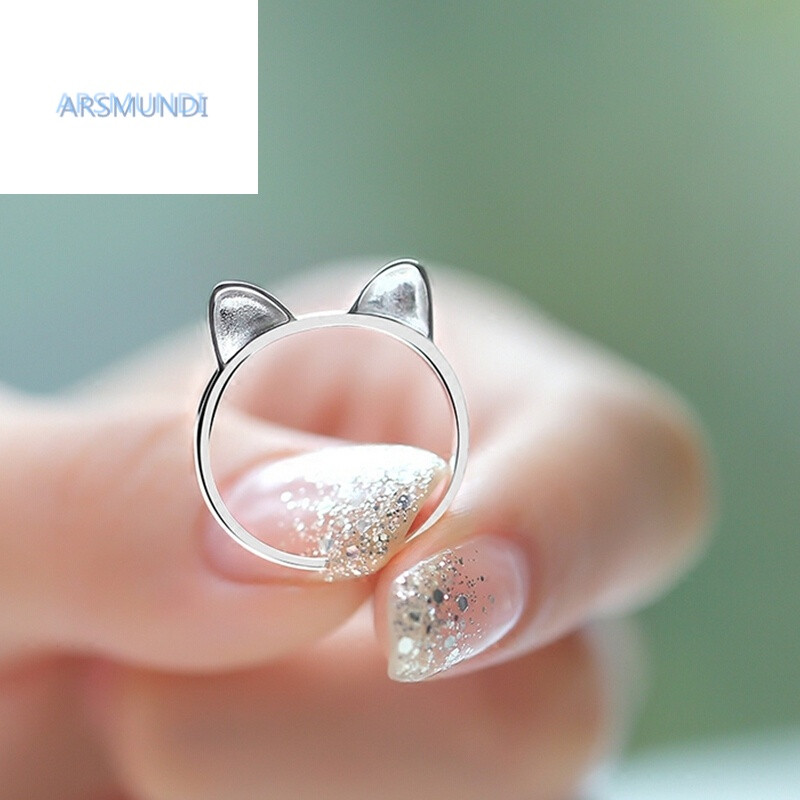 arsmundiarsmundi 925银戒指女 韩版个生可爱猫咪戒指刻字送闺蜜女友