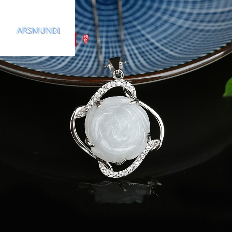 arsmundi 翡翠玫瑰花形吊坠女款925银项链玉坠子生日礼物