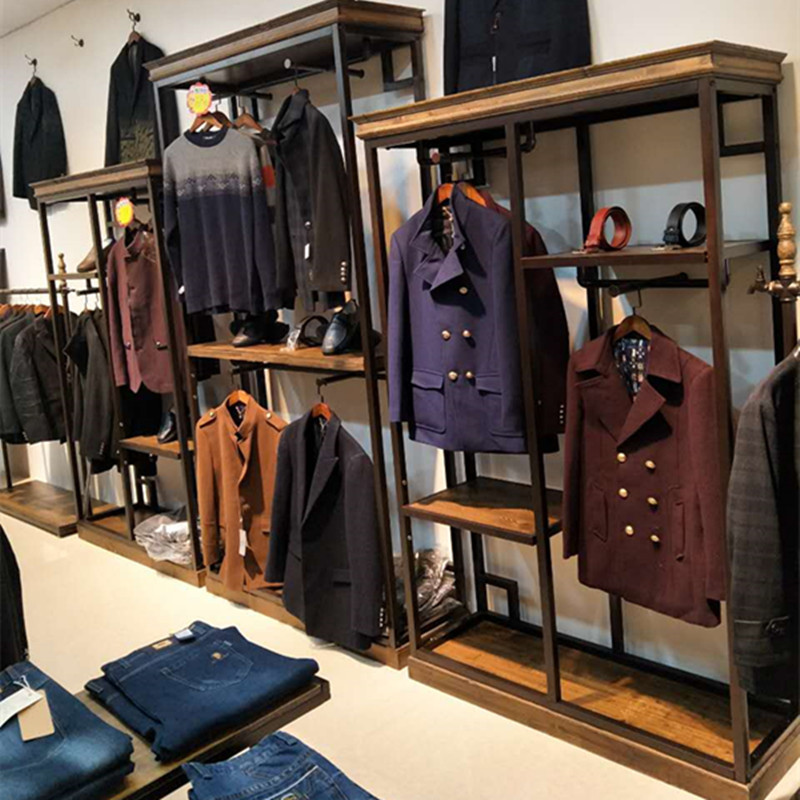 休闲男装店货架落地式复古时尚铁艺服装店挂衣架展示架靠墙陈列柜