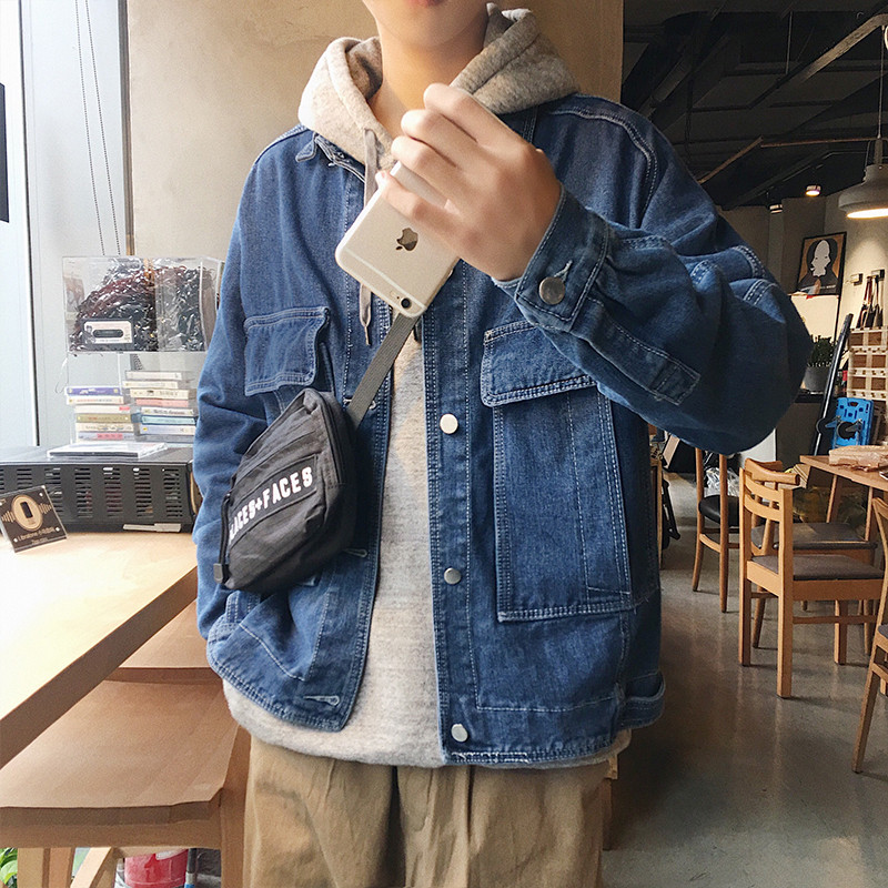 基本款纯色牛仔服男宽松翻领日系大口袋休闲牛仔夹克2018春装外套