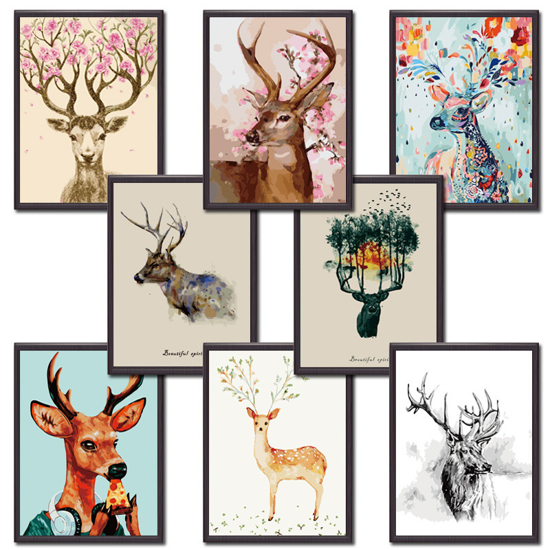 加厚框diy数字油画 客厅卧室动物数码填色手工绘画油彩装饰画 鹿