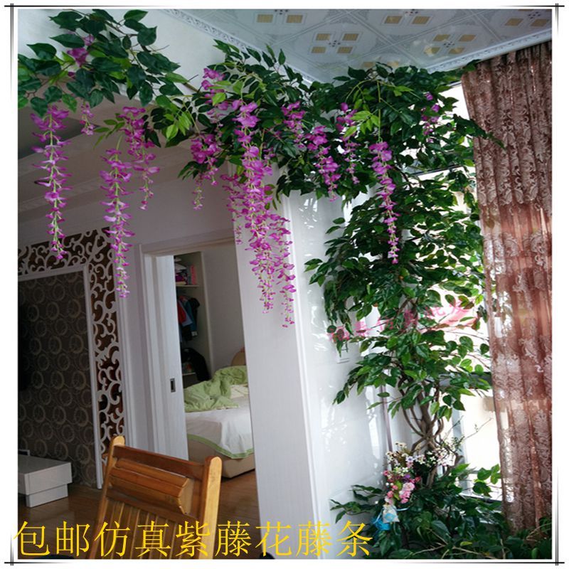 假花藤条绿叶仿真紫藤花假树叶塑料藤蔓室内植物吊顶装饰树藤绿植图片