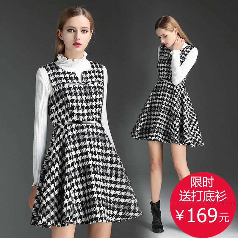 2017秋冬新款无袖千鸟格连衣裙a型格子羊毛呢背心裙显瘦打底裙女