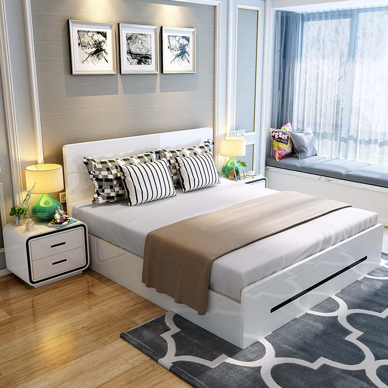 卧室现代简约板式床双人床收纳床主卧经济型储物床烤漆抽屉床婚床