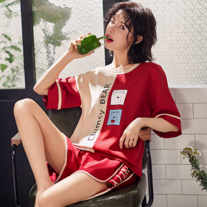 波迷娜(BOMINA)夏季睡衣女士短袖纯棉薄款两件套装韩版女学生卡通可爱花边休闲服可外穿