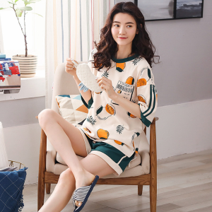 波迷娜(BOMINA)夏季睡衣女士短袖纯棉薄款两件套装韩版女学生卡通可爱花边休闲服可外穿