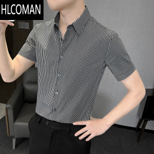 HLCOMAN格子男士衬衫短袖高级感潮牌夏季薄款2023新款冰丝潮流半袖衬衣男
